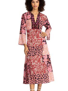 JOHNNY WAS WORKSHOP DRESS BOHO PATCHWORK ARTISAN MIDI  BLOOMCORE RESORT LRG